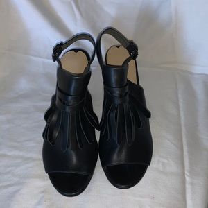 Via Spiga Black Fey peek toe fringes leather sling back Heels size 9